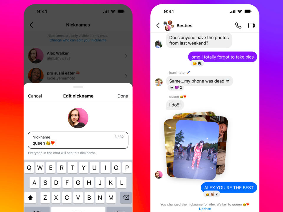 Δύο στιγμιότυπα οθόνης τηλεφώνου που δείχνουν το νέο χαρακτηριστικό ψευδώνυμο στα DM του Instagram.