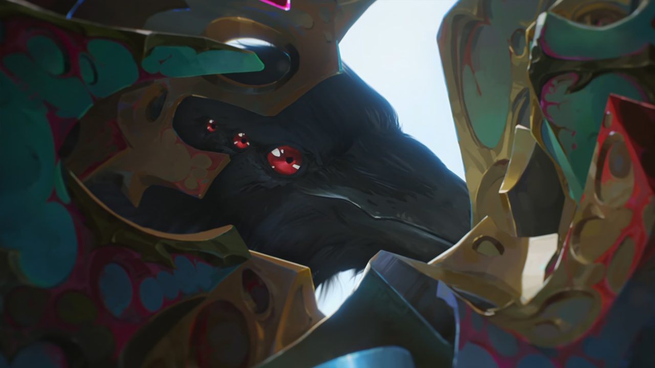 A close up of the six-eyed raven in Arcane season 2