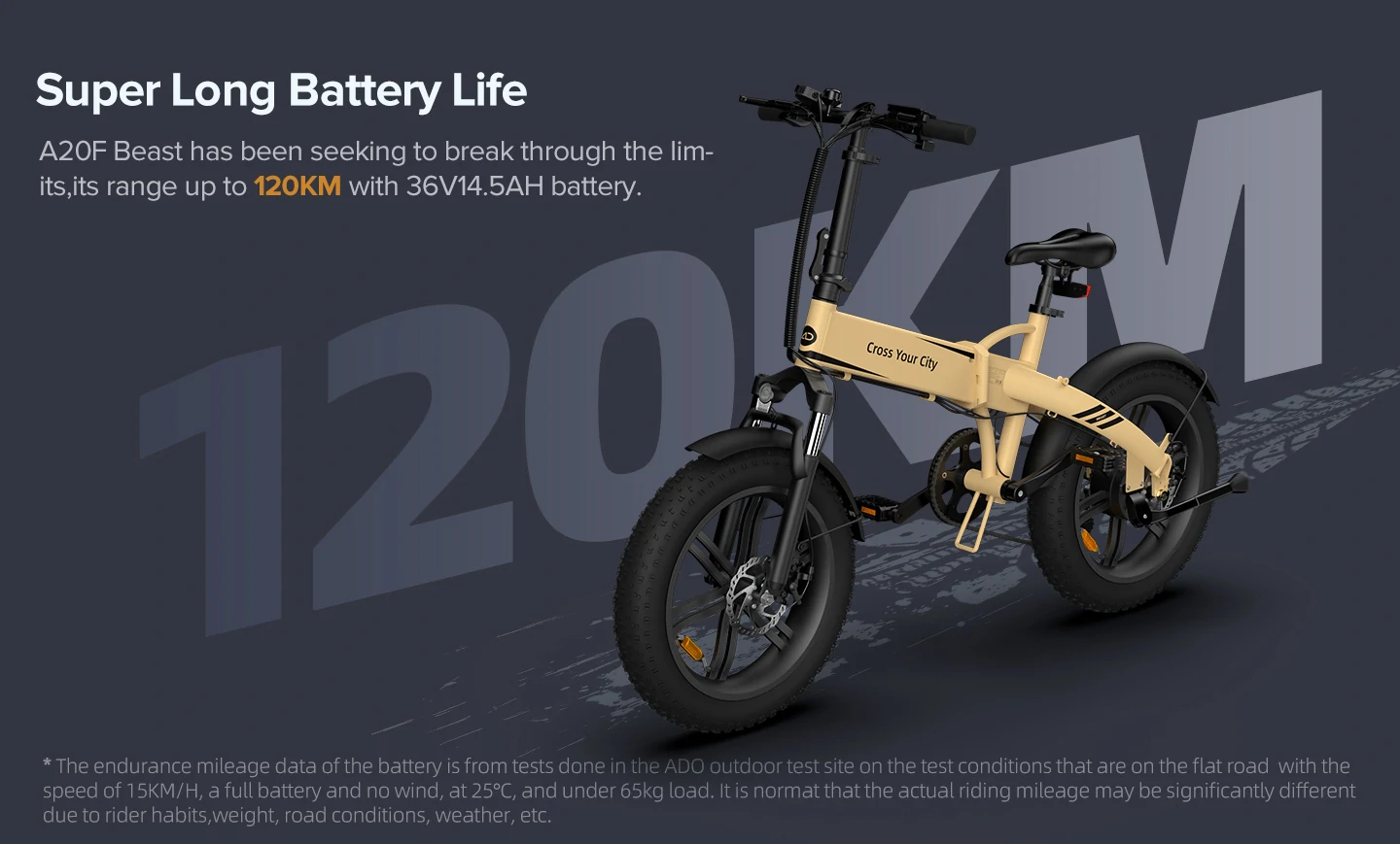 ADO Beast 20F Electric Bike 120km battery