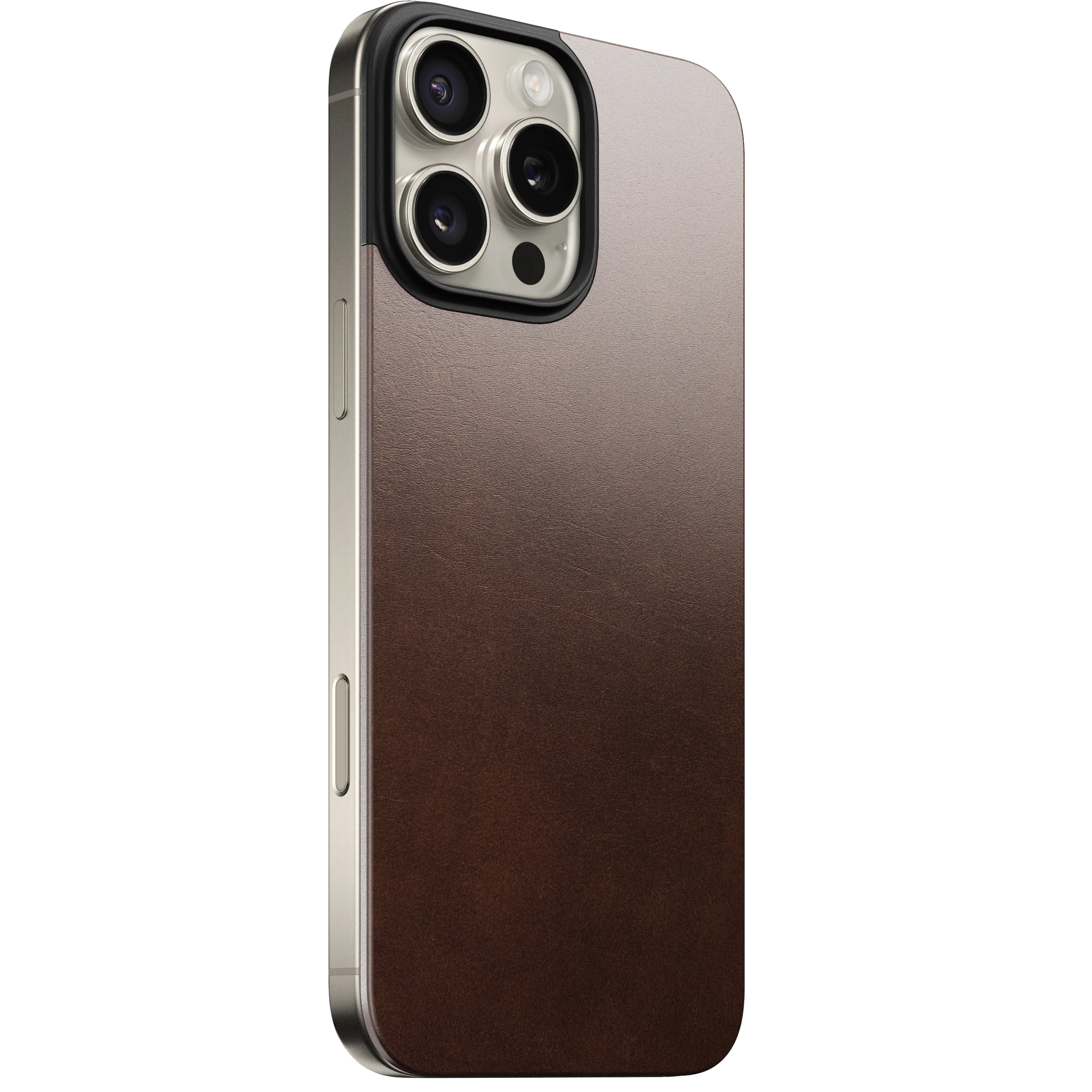 Nomad Magnetic Leather Back on an iPhone 16 Pro in desert titanium