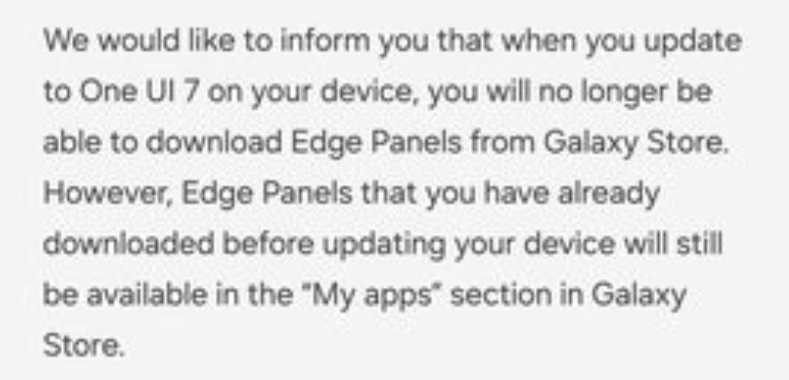 Ένα στιγμιότυπο οθόνης της ειδοποίησης τερματισμού του Galaxy Store του Edge Panels για το One UI 7.