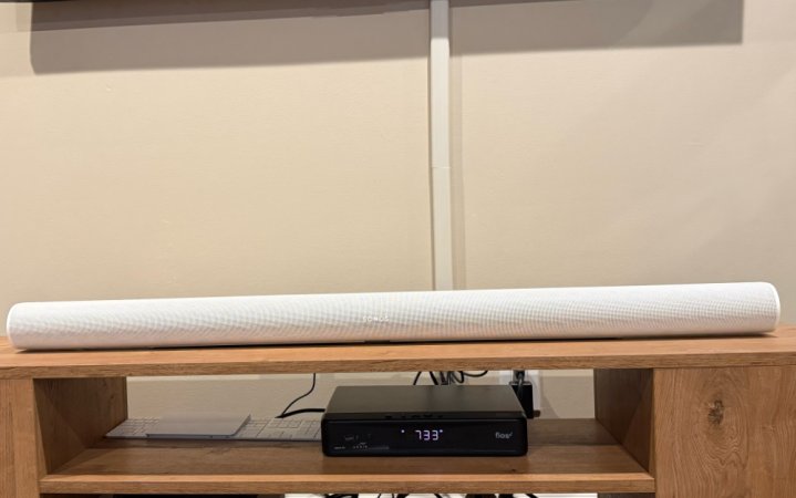  Sonos' Arc Ultra on top of a media center.