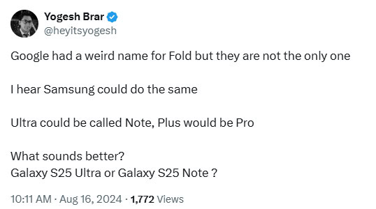 Yogesh Brar Galaxy S25 Note and Pro name change