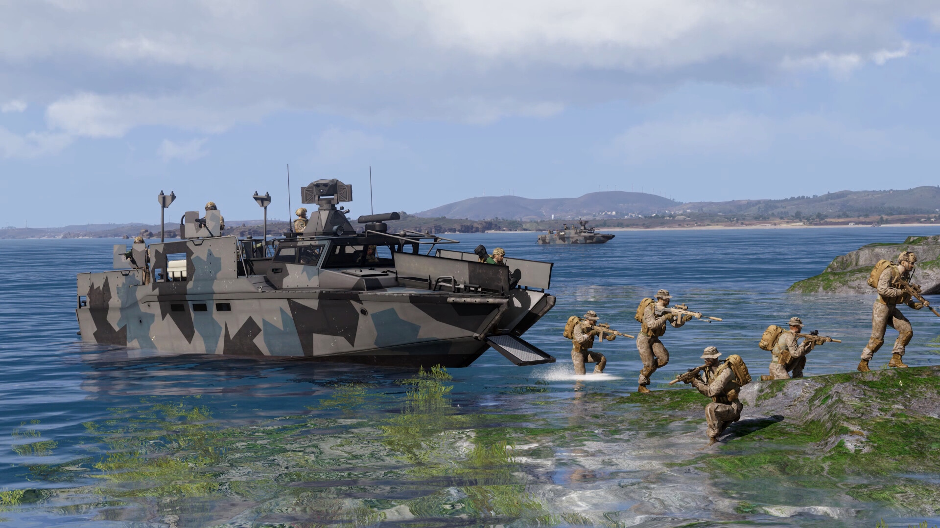 Arma 3 DLC: Ένα αμφίβιο τανκ πλησιάζει την ακτή με αρκετούς στρατιώτες να περπατούν μπροστά του