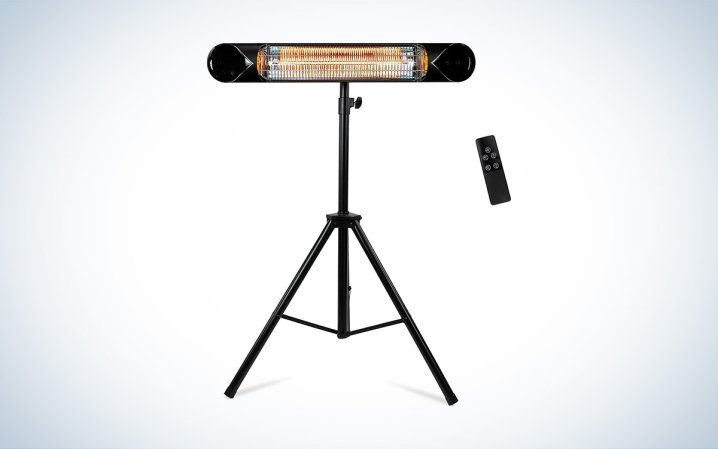  The freestanding Briza Infrared Patio and Garage Heater on a tripod stand against a white background