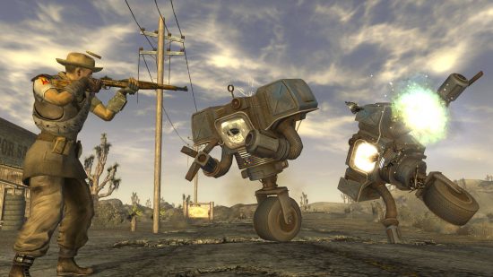 Best Fallout New Vegas mods: a Wastelander shooting at two guard robots in the Mojave Desert.