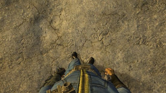 A Vault dweller staring at their own feet in the enhanced camera Fallout New Vegas mods.