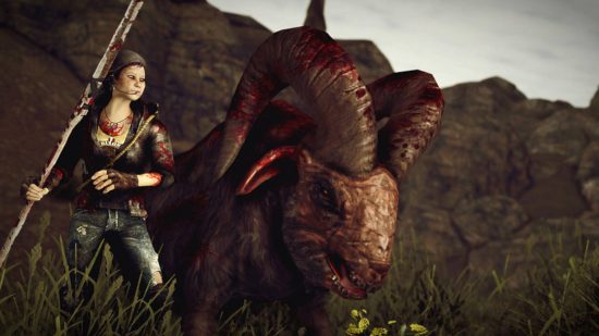 A woman standing next to a horned beast in Impact, one of the best Fallout New Vegas mods.