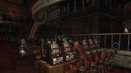 A lone Wastelander gambling in the Lucky 38 casino.