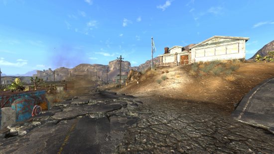 The Realistic Wasteland Lighting mod is one of the best Fallout New Vegas mods for distant views of desert colonies such as this one.