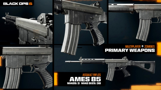 Πλάνα του AMES 85, ενός από τα καλύτερα όπλα Black Ops 6, από διάφορες οπτικές γωνίες.