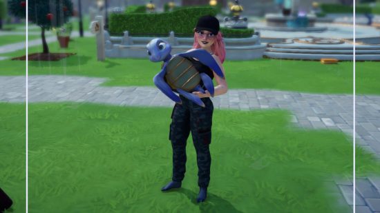 Dreamlight Valley critters: player carries the celestial turtle companion to take a selfie with it in her arms.