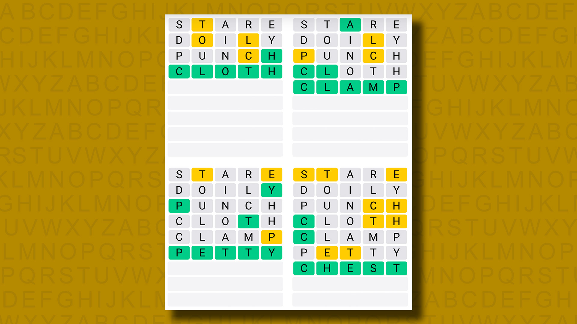 Απαντήσεις Quordle Daily Sequence για το παιχνίδι 1035 σε κίτρινο φόντο