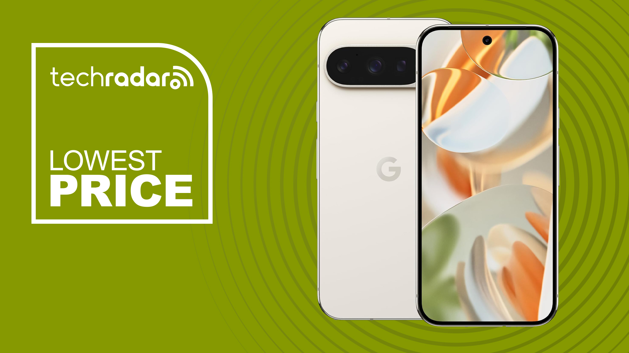 Πανό TechRadar χαμηλότερης τιμής με το Google Pixel 9 Pro σε πορσελάνη από μπροστά και πίσω που δείχνει μπάρες κάμερας και ταπετσαρία στην οθόνη