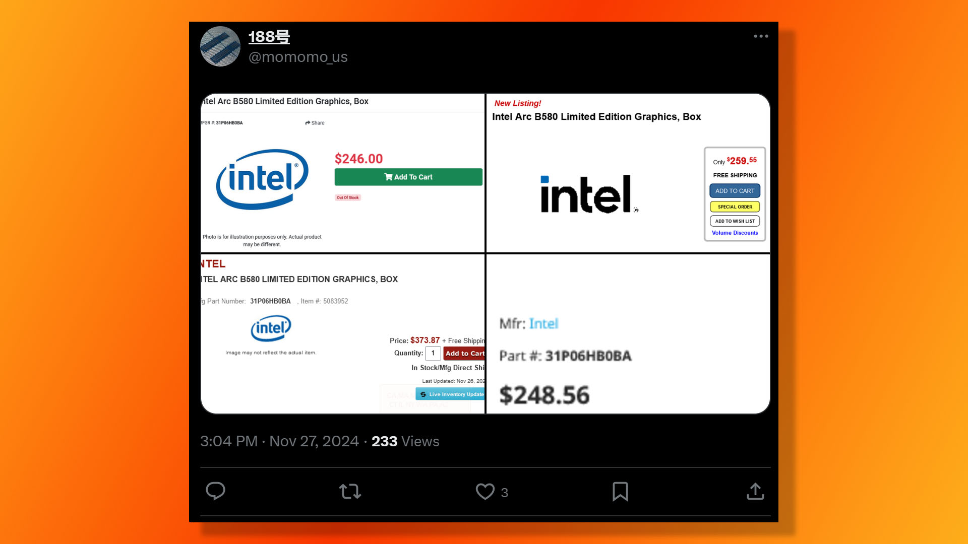 Η τιμή GPU Intel Arc B580 Battlemage εμφανίζεται σε διάφορα καταστήματα λιανικής, διέρρευσε στο X από το momomo_us.