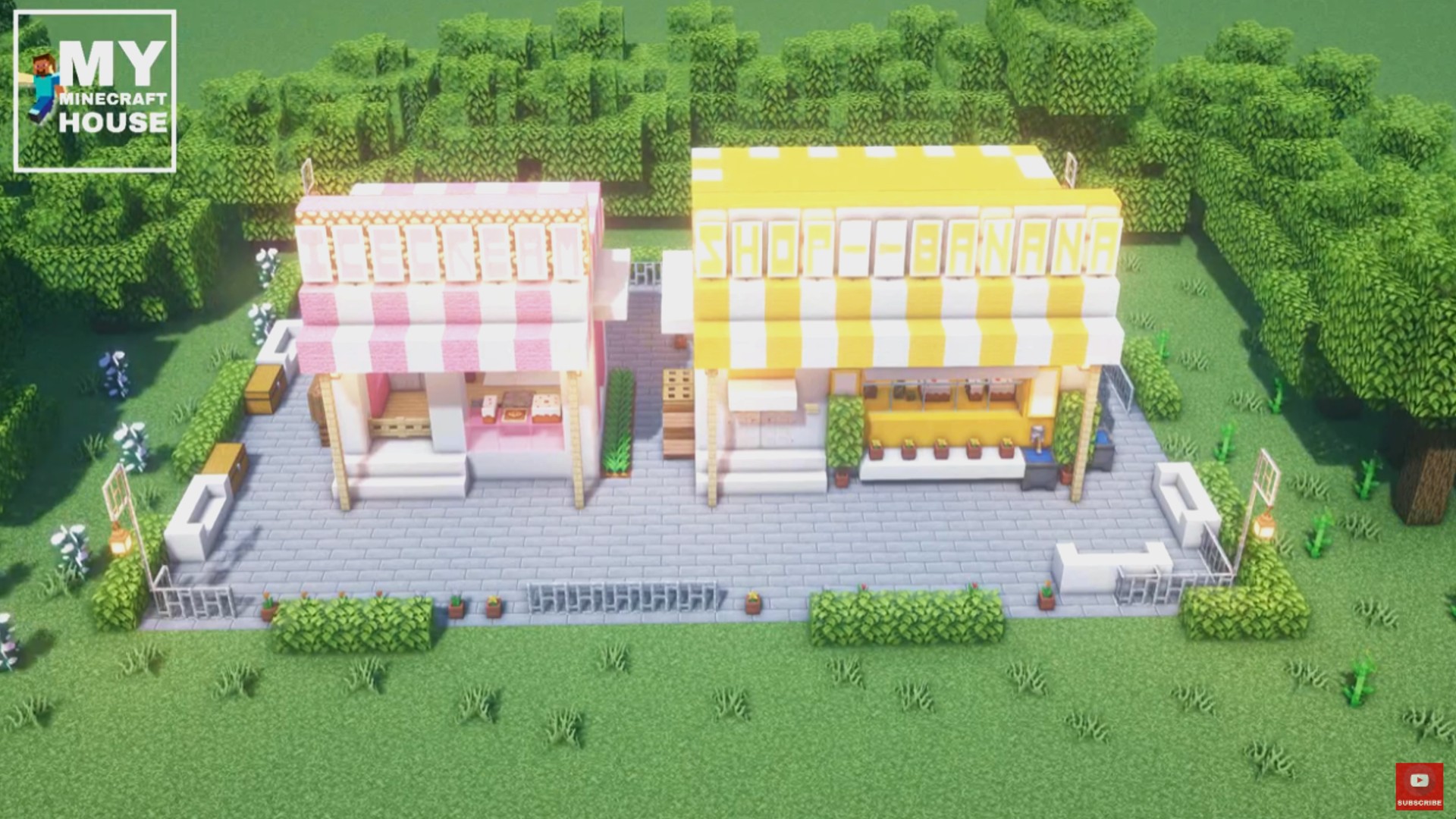 A pink and a yellow small shop, one of the best Minecraft build ideas for your world.