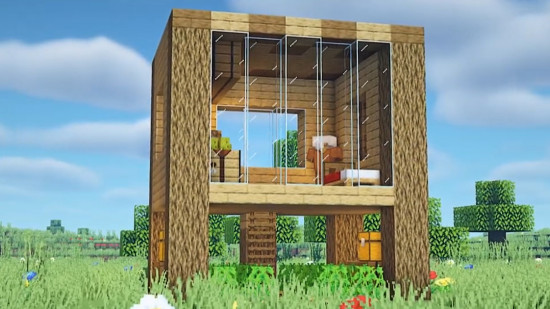 A simple, square, wooden Minecraft house design.