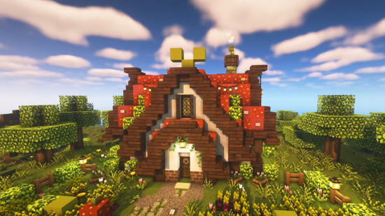 A cute, cottagecore strawberry Minecraft house with a red roof and a green stalk coming out the top.