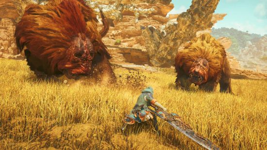 Ημερομηνία κυκλοφορίας του Monster Hunter Wilds: ο κυνηγός ετοιμάζεται να κουνήσει το μεγάλο του σπαθί στο αρσενικό τέρας. Ένα θηλυκό του ίδιου είδους είναι πίσω του.