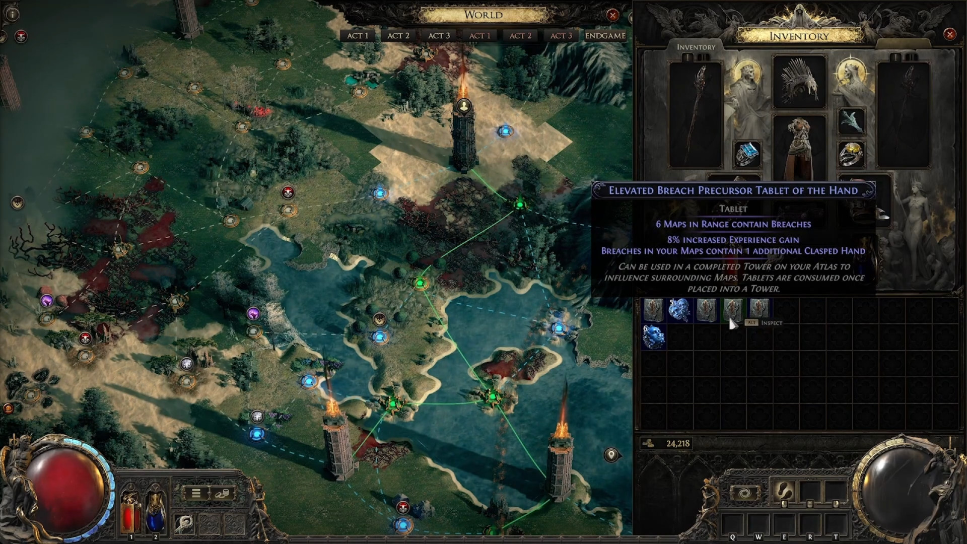 Χάρτης Atlas endgame Path of Exile 2 - Ο παίκτης κατασκευάζει tablet για να εφαρμόσει τον τροποποιητή Breach στον νέο ιστό τέλους παιχνιδιού των χαρτών πρόκλησης.