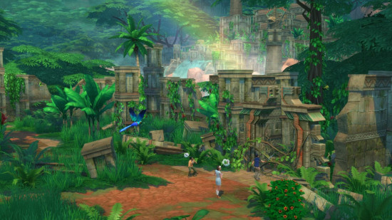 The Sims 4 Cheats: A landscape image from The Sims Jungle Adventure pack, showing stone ruins in a green jungle.