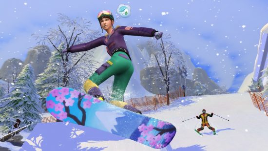 Sims 4 cheats: A snowboarder in the sims 4 snowy escape expansion.