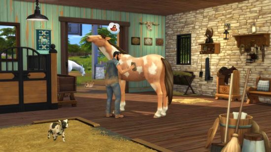 A sim tends to his horse in the Sims 4 Horse Ranch expansion pack.