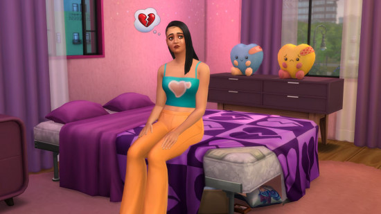 Sims 4 Lovestruck cheats: A girl sits on her bed as tears run down her face and a broken heart appears above her head in the Sims 4 Lovestruck expansion.