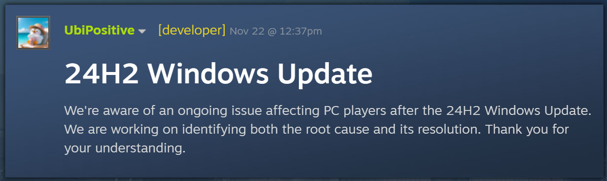 Δημοσίευση από την Ubisoft σχετικά με ζητήματα Windows 11 24H2