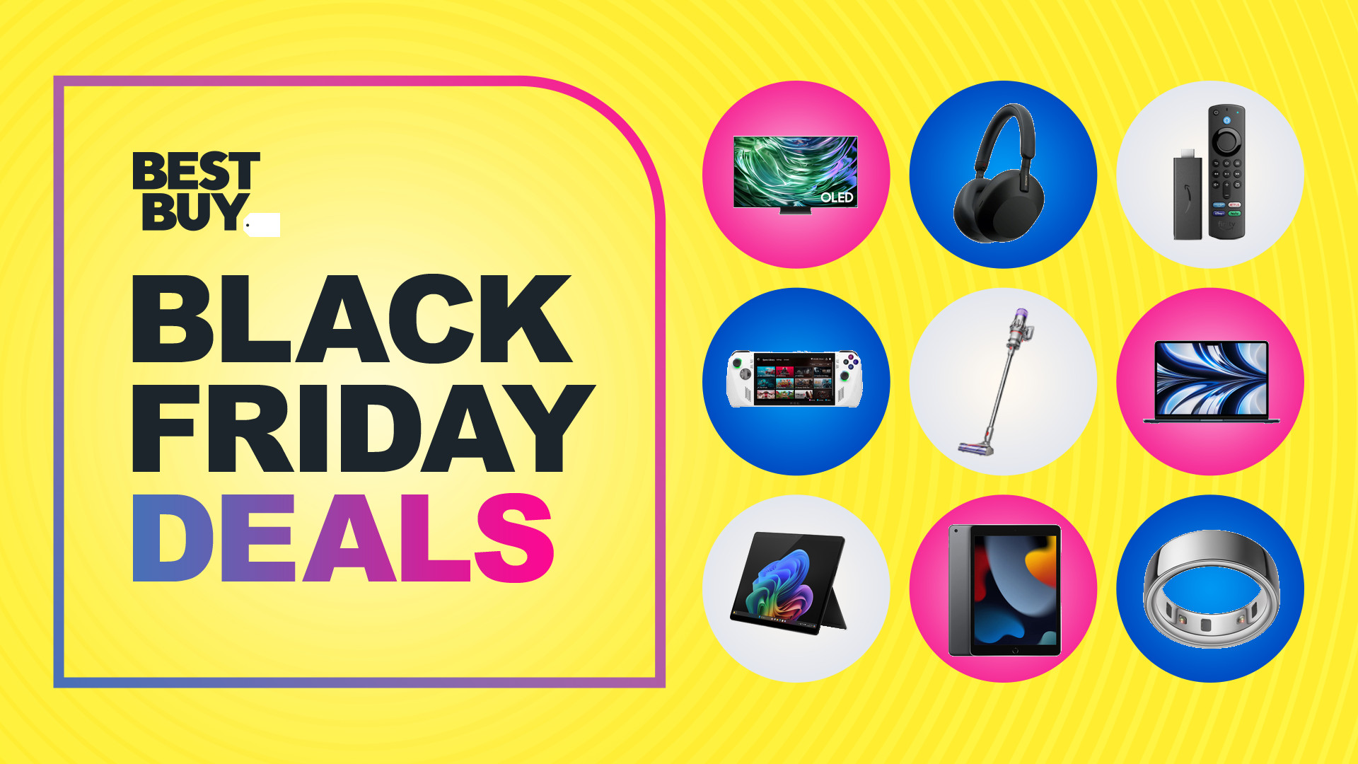 Κολάζ προσφορών από την προσφορά Best Buy Black Friday που περιλαμβάνει τηλεόραση Samsung, ακουστικά Sony, Fire TV stick, Dyson vacuum, MacBook, iPad, Microsoft Surface και Oura Ring