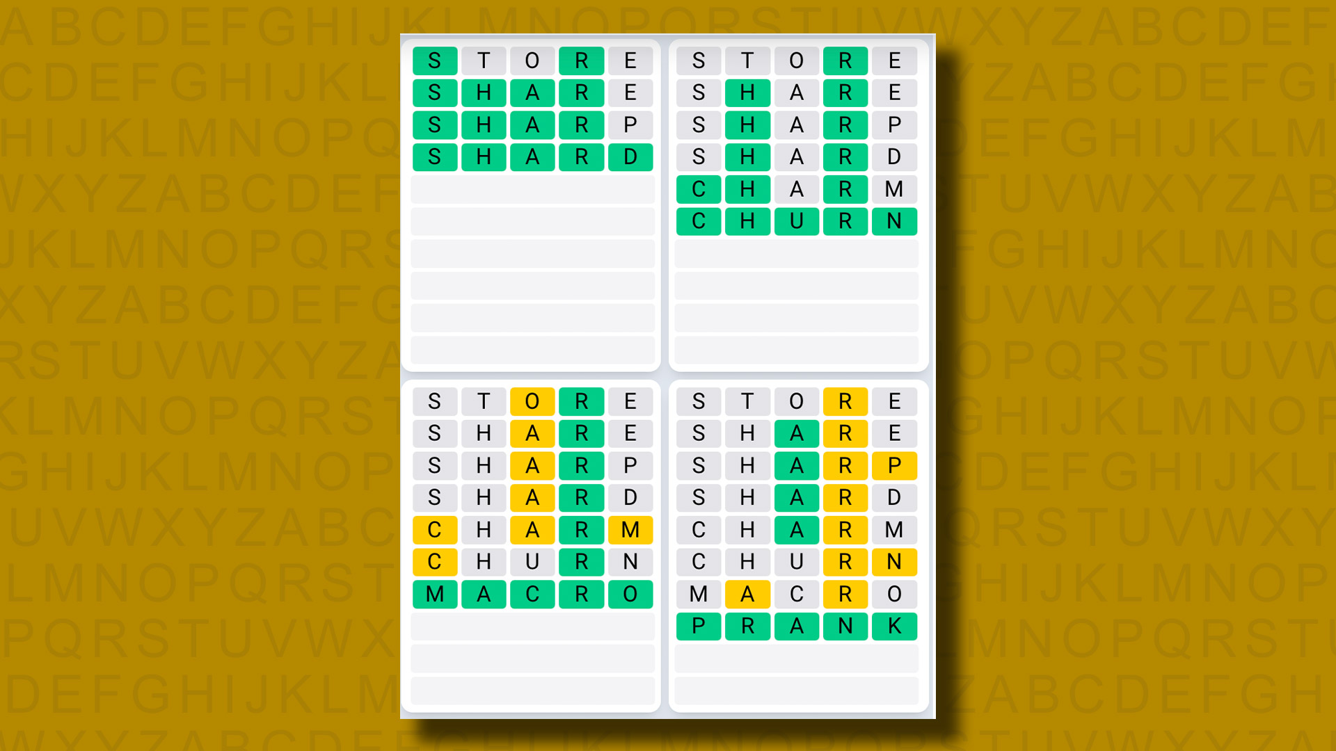 Απαντήσεις Quordle Daily Sequence για το παιχνίδι 1056 σε κίτρινο φόντο