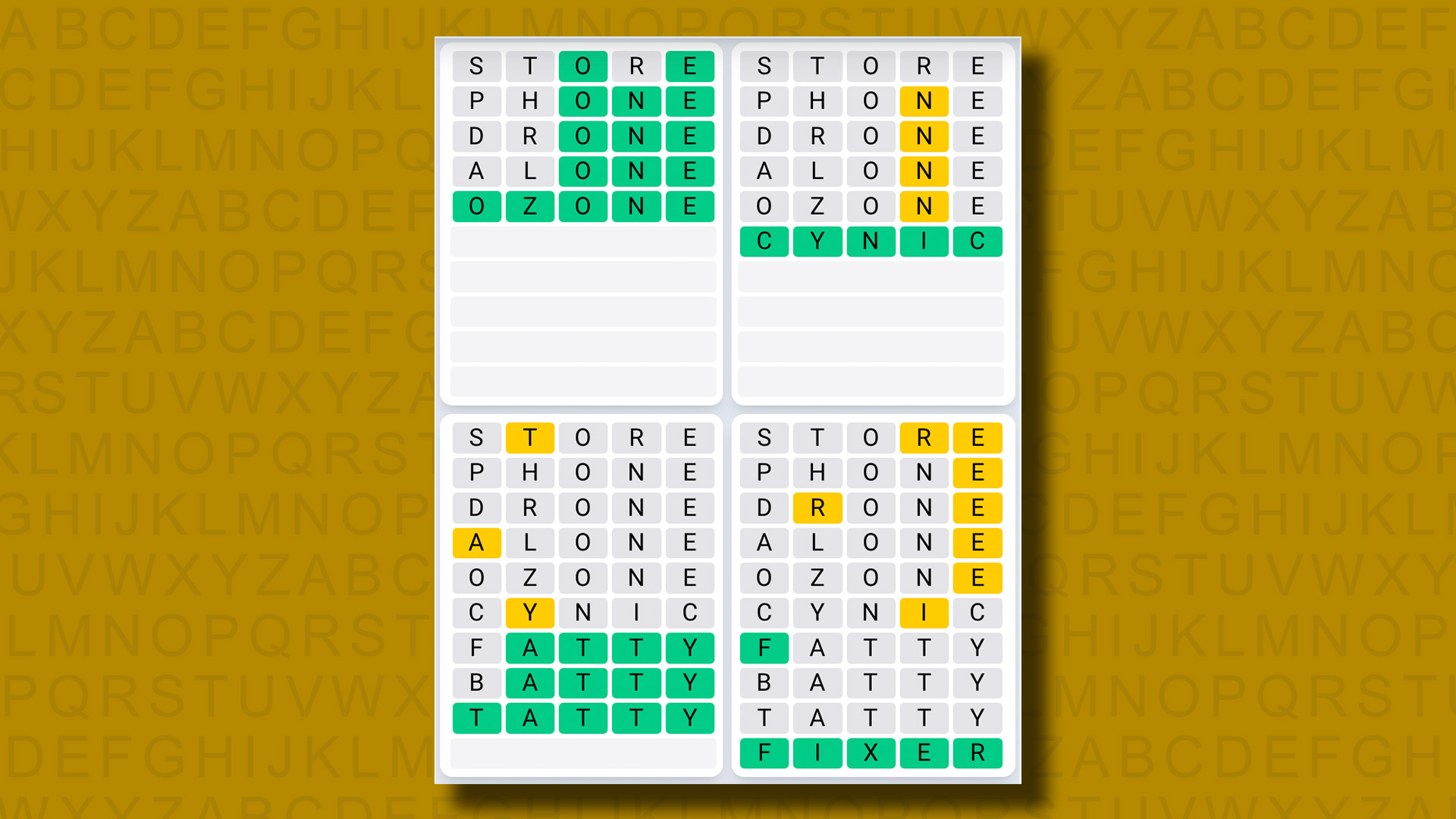 Απαντήσεις Quordle Daily Sequence για το παιχνίδι 1054 σε κίτρινο φόντο