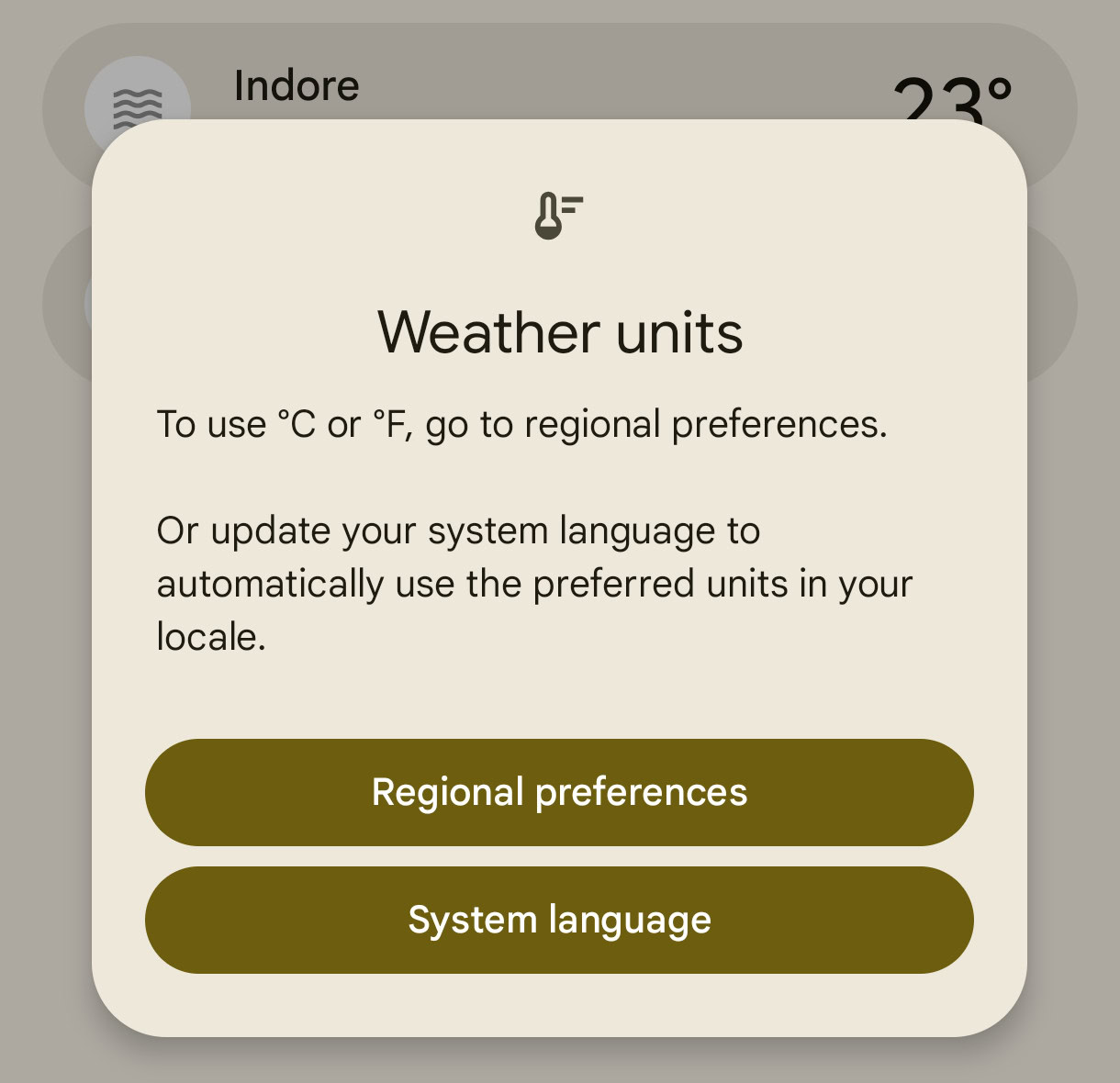 Μενού αλλαγής ενότητας εφαρμογής Pixel Weather AssembleDebug