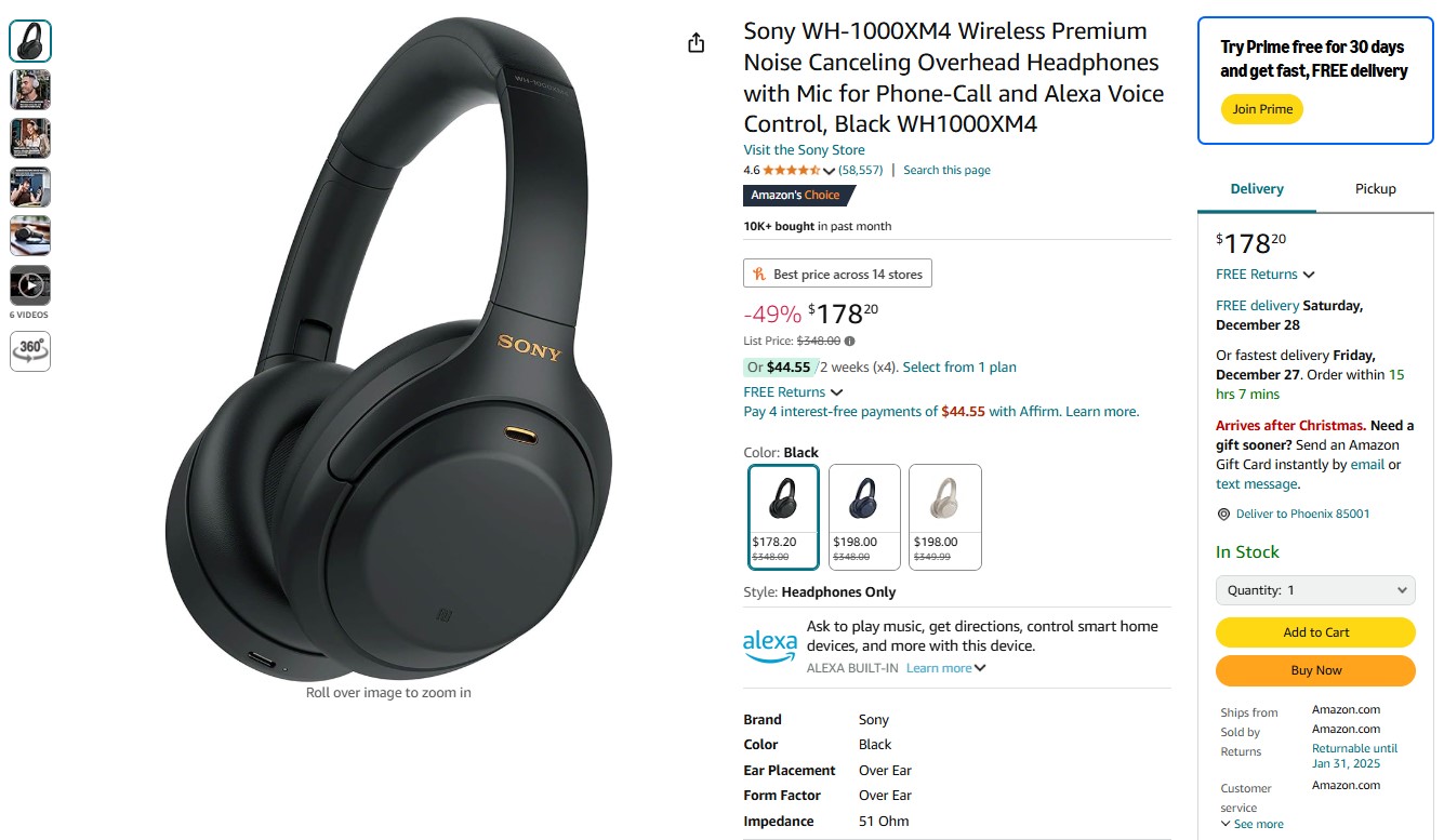 Sony WH-1000XM4 στα 178,20 $ στο Amazon - Μόνο για τη μαύρη έκδοση