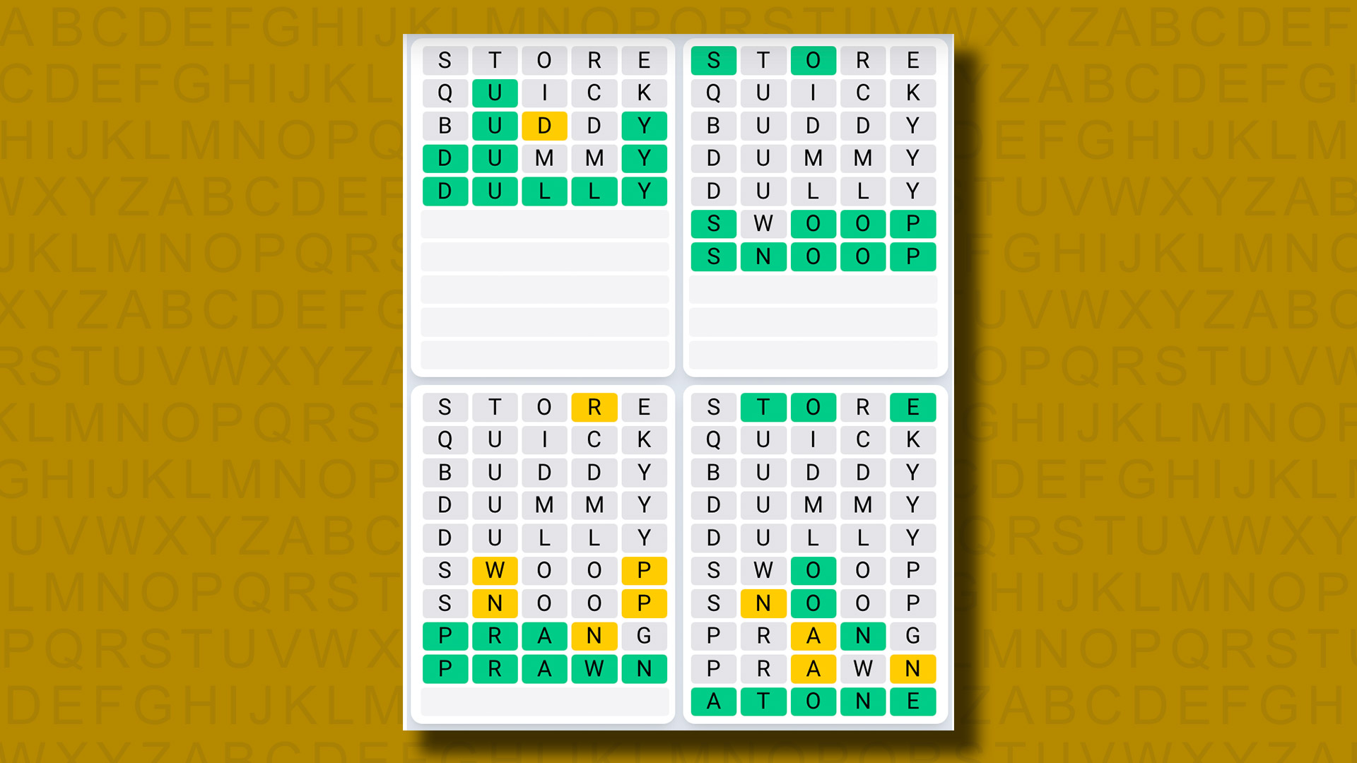 Απαντήσεις Quordle Daily Sequence για το παιχνίδι 1048 σε κίτρινο φόντο