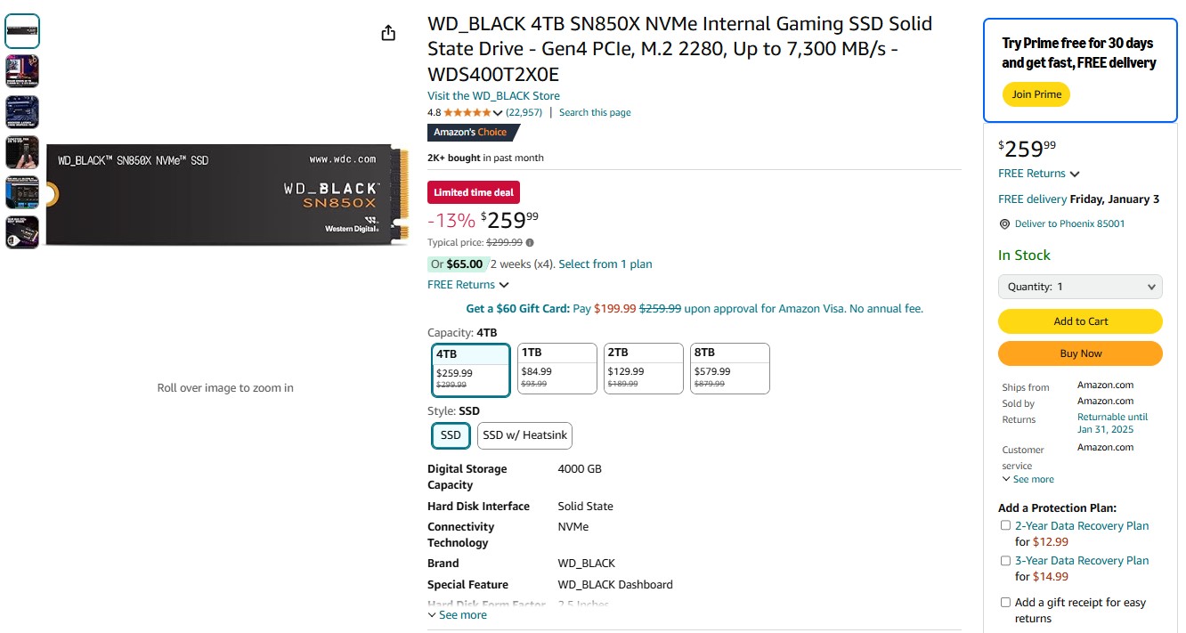 Εκπτώσεις στους δίσκους SSD WD_BLACK SN850X 4TB & 8TB στο Amazon: Προσφορές στα 259,99 $ και 579,99 $ αντίστοιχα - TechFreak.GR