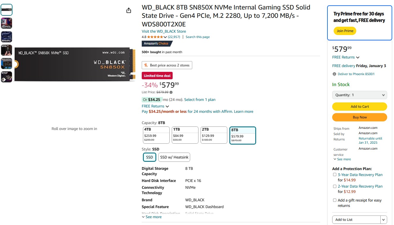 Εκπτώσεις στους δίσκους SSD WD_BLACK SN850X 4TB & 8TB στο Amazon: Προσφορές στα 259,99 $ και 579,99 $ αντίστοιχα - TechFreak.GR