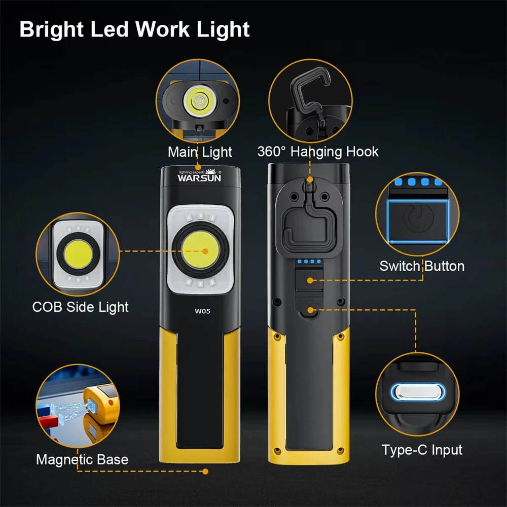 Warsun W05 USB Rechargeable Work Light with Magnetic Base detailes