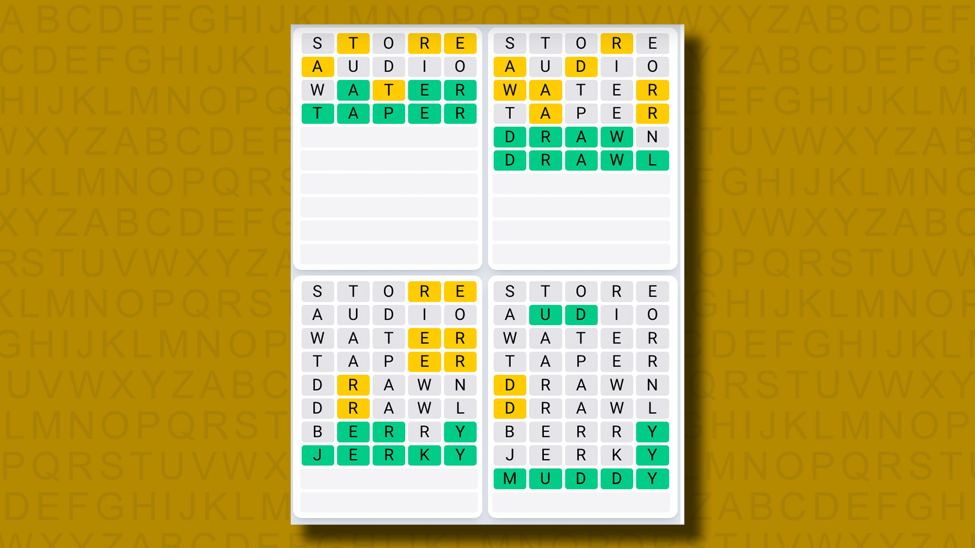 Απαντήσεις Quordle Daily Sequence για το παιχνίδι 1049 σε κίτρινο φόντο