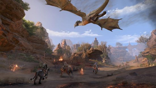 Best dragon games: The Elder Scrolls Online. Image shows a dragon flying overhead while characters riding different creatures ride below.