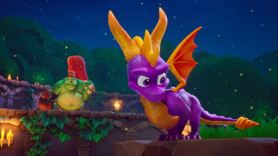 Spyro crouches on a ledge as a Gnorc looks on in Spyro Reignnited Trilogy, one of the best dragon games.