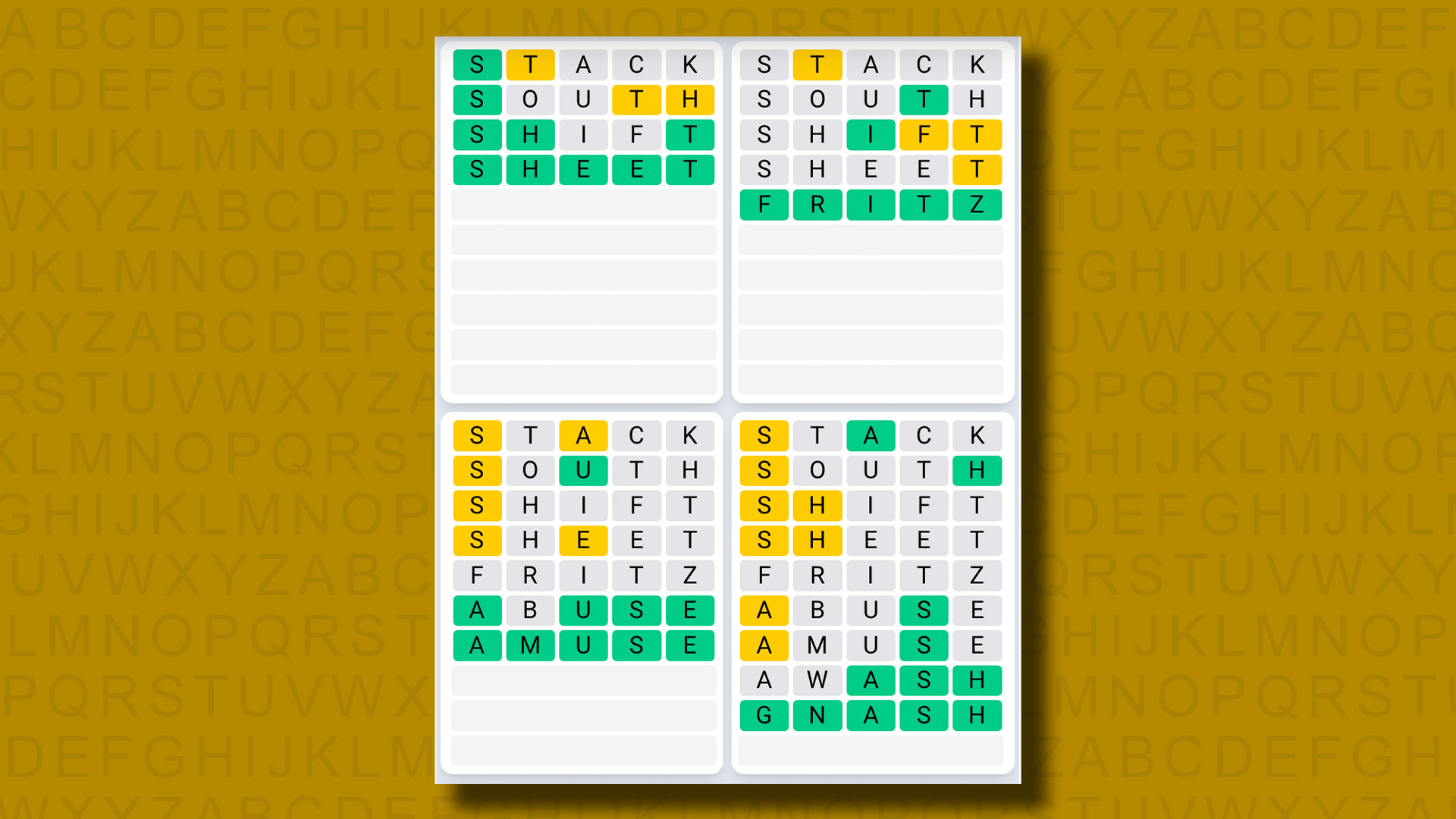 Απαντήσεις Quordle Daily Sequence για το παιχνίδι 1052 σε κίτρινο φόντο