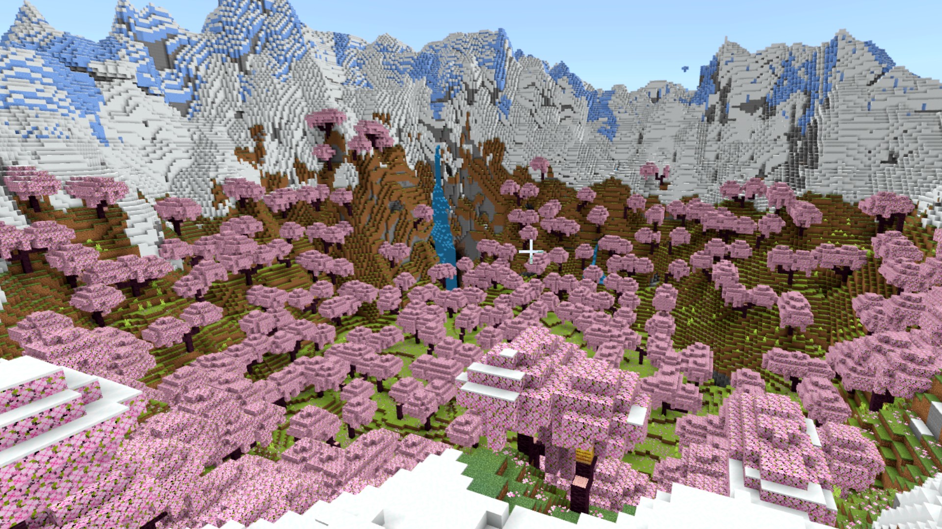 Minecraft christmas seed: a cherry grove surrounded by snowy mountains.