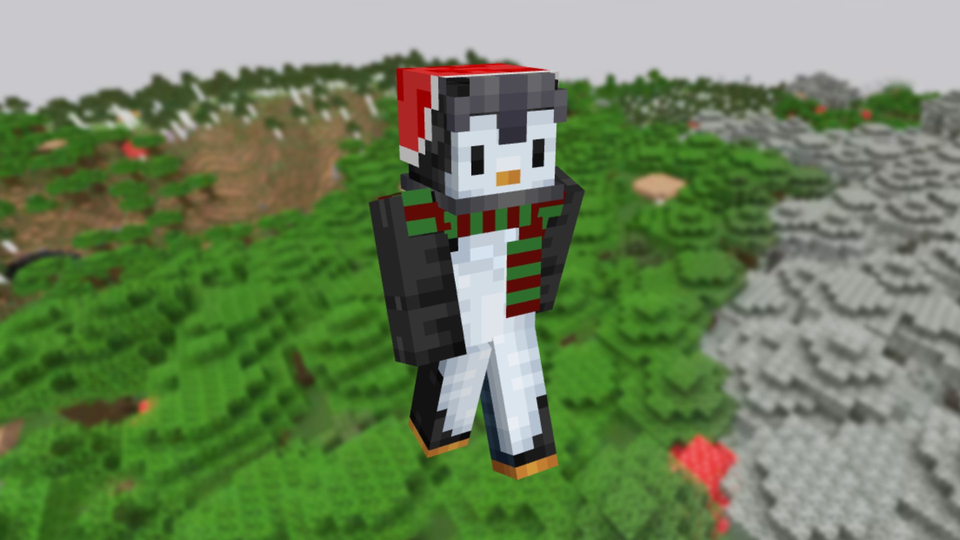 Minecraft Christmas skins - a cute penguin in a wool hat and scarf flies over a green forest biome.