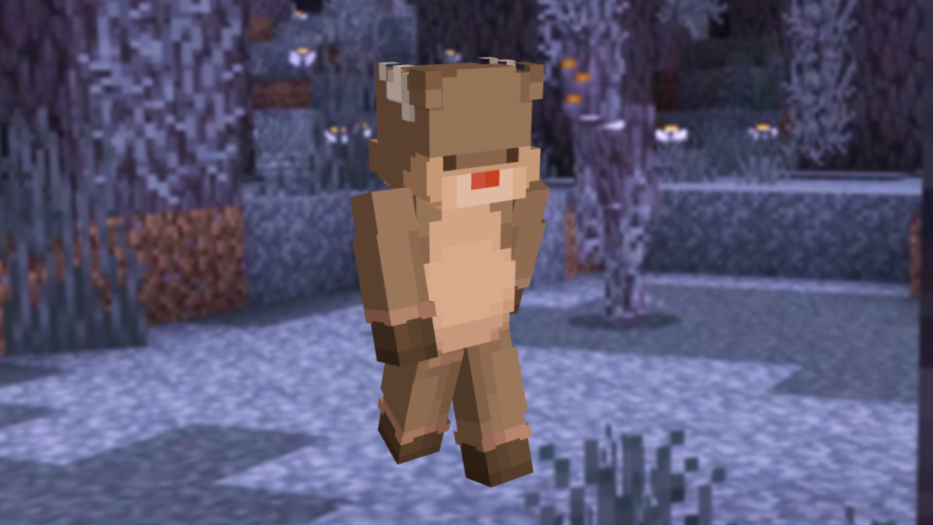 Minecraft Christmas skins - a pixelated reindeer minecraft skin in front of a gray pale garden biome.