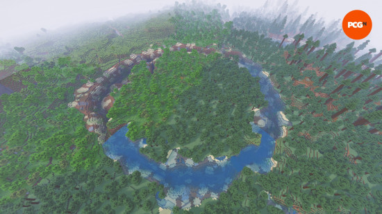 One of the best Minecraft seeds features a circular island surrounded by a river, surrounded by more land.