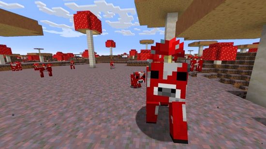 Minecraft Seeds: A mooshroom mob on the mushroom fields biome.