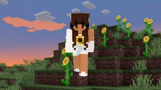 A Minecraft girl skin, wearing a sunflower top and a sunflower crown around her head.