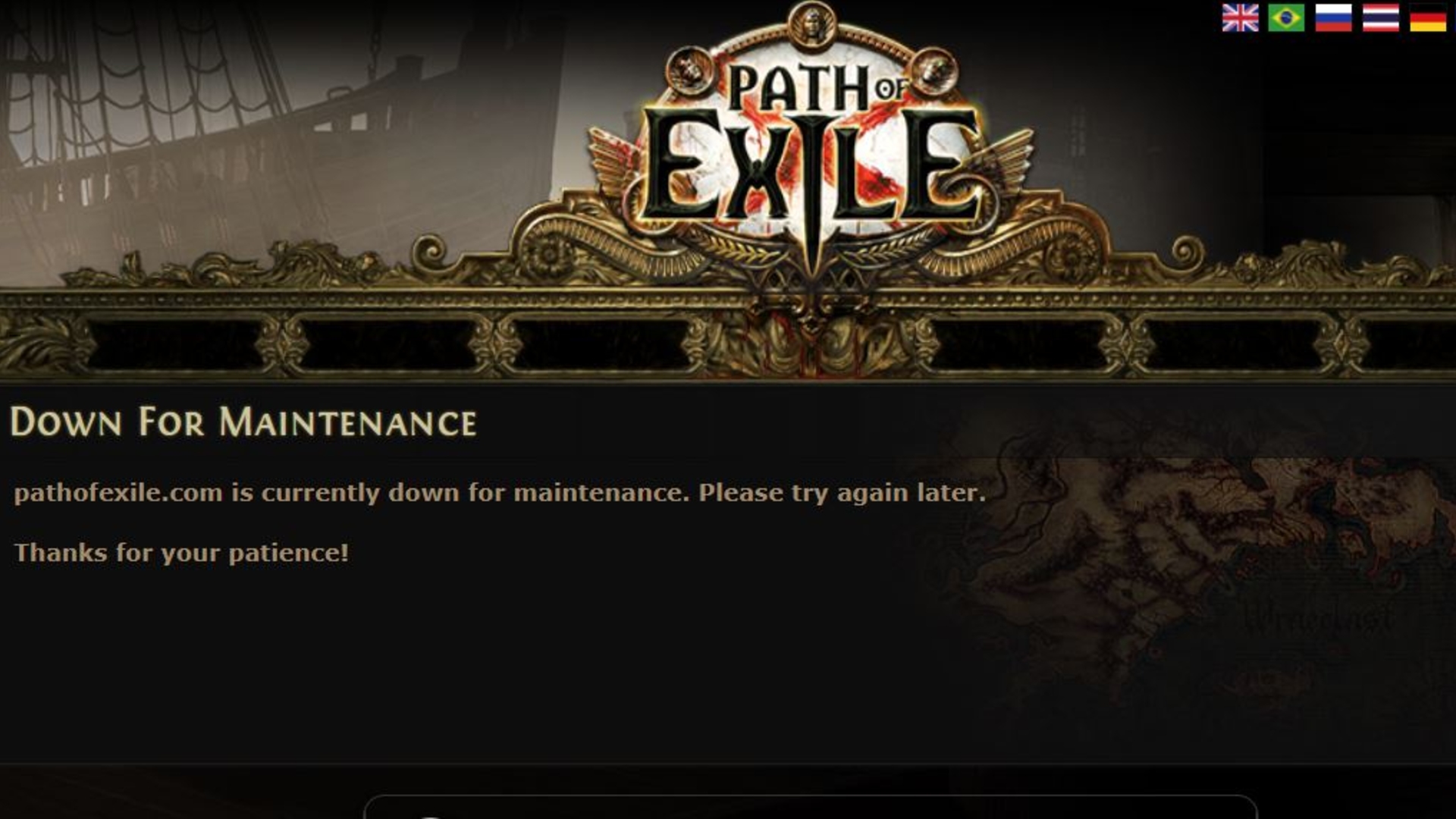 Κατάσταση διακομιστή Path of Exile 2: Στιγμιότυπο οθόνης ενός μηνύματος συντήρησης διακομιστή στον ιστότοπο του Path of Exile