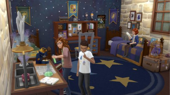 Sims 4 CC: Ένα παιδικό υπνοδωμάτιο επιπλωμένο με αντικείμενα και διακοσμητικά με θέμα τους μάγους, συμπεριλαμβανομένου ενός πανό που δείχνει το έμβλημα του Χάρι Πότερ Χόγκουαρτς.